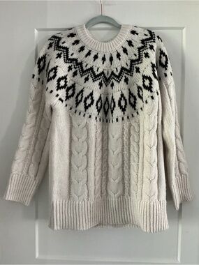 Magaschoni Cream Cable Knit Sweater with Black Nordic Yoke, NWT LARGE